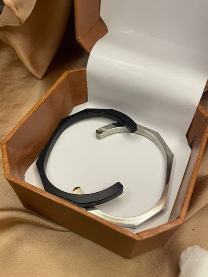 Stainless Steel Hexagon Cuff Bangle black and silver